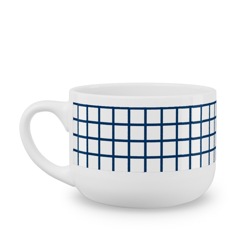 Grid - Navy and White Latte Mug, White,  , 25oz, Blue