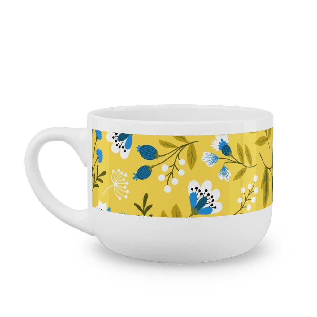 Colorful Spring Flowers - Blue on Yellow Latte Mug, White,  , 25oz, Yellow