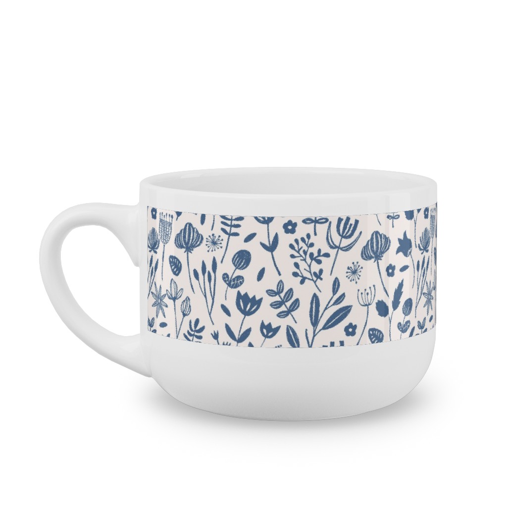 Folk Botanical Print - Blue Latte Mug, White, , 25oz, Blue, True Blue