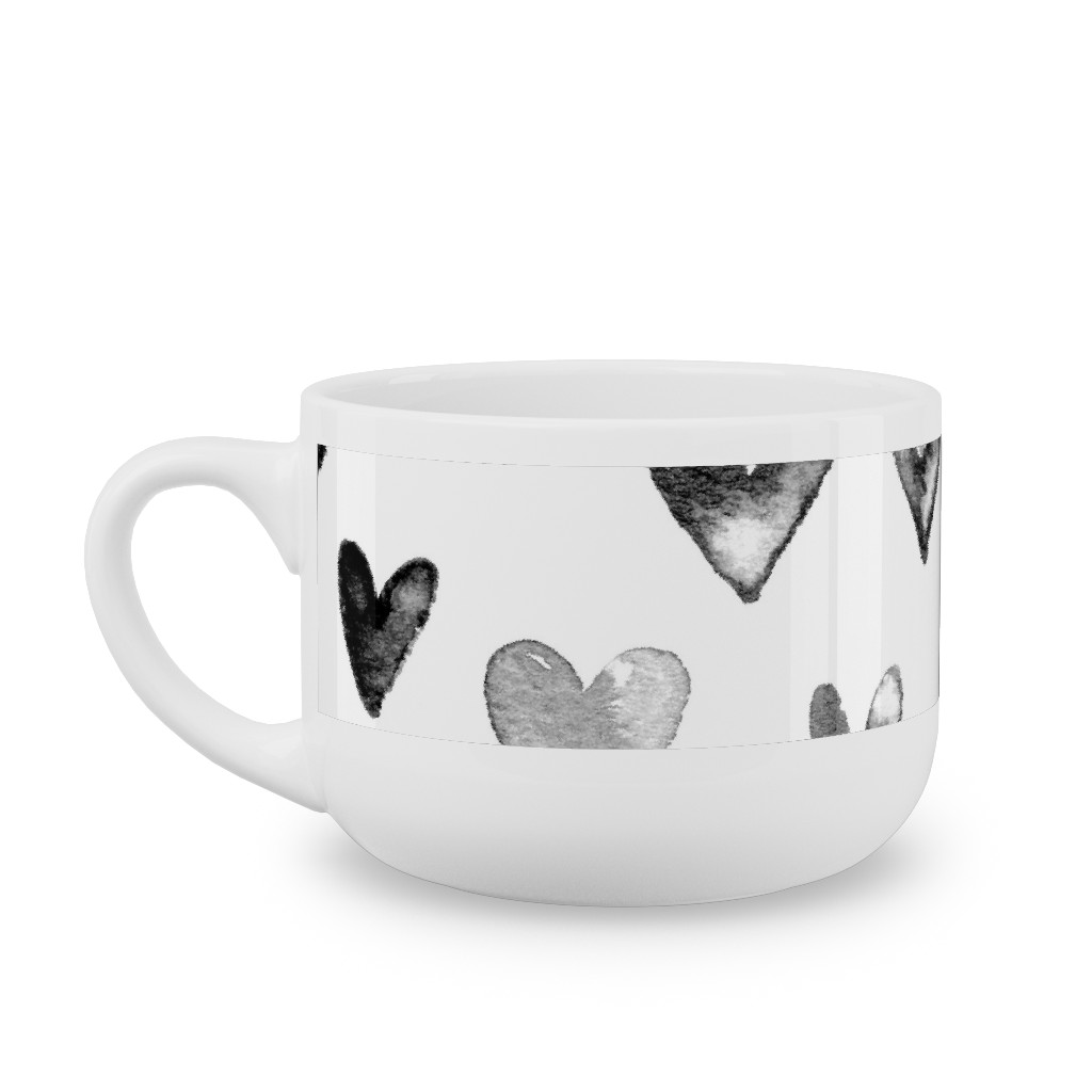 Watercolor Hearts - Black and White Latte Mug, White,  , 25oz, Black