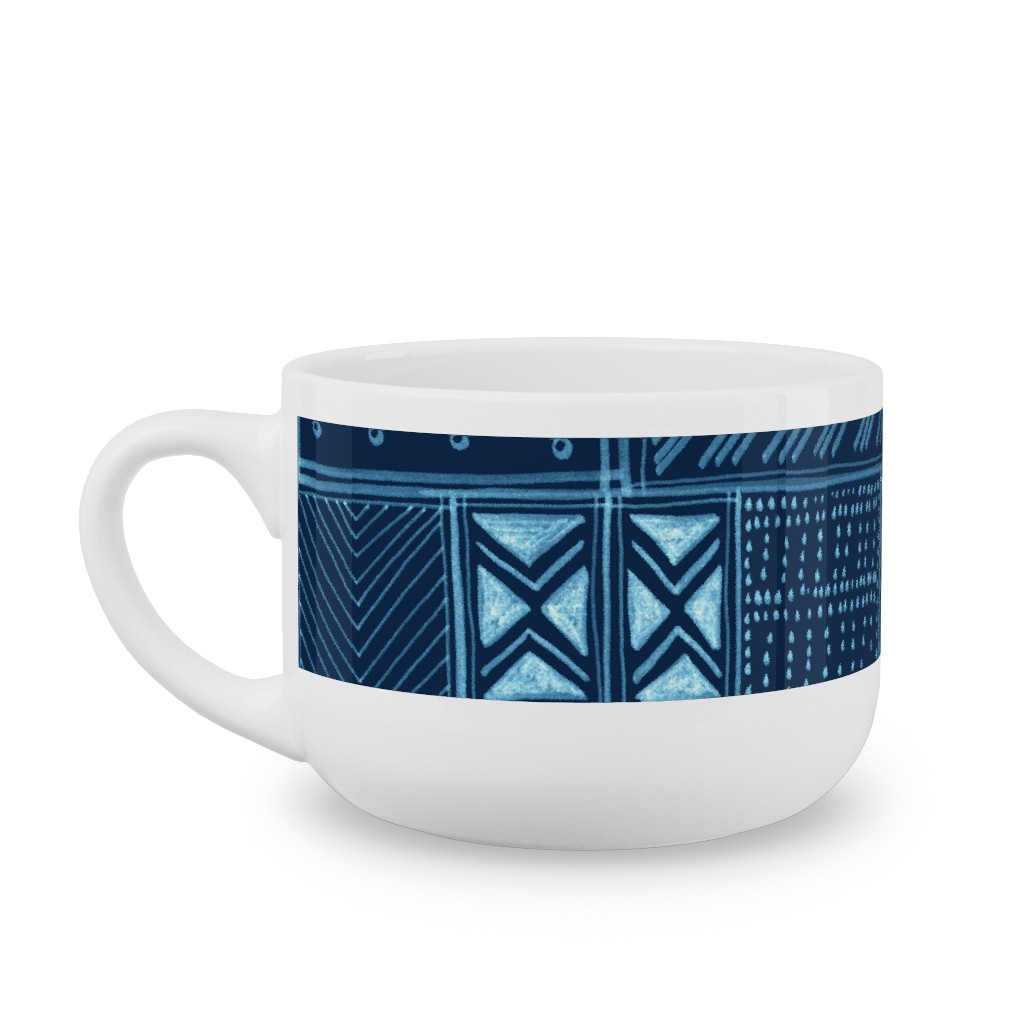 African Tribal Mud Cloth - Indigo Latte Mug, White,  , 25oz, Blue