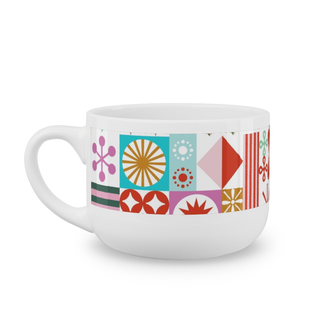 Santa's Workshop Geometric Stars Snowflakes Grid Holiday Stripes - Multi Latte Mug, White,  , 25oz, Multicolor