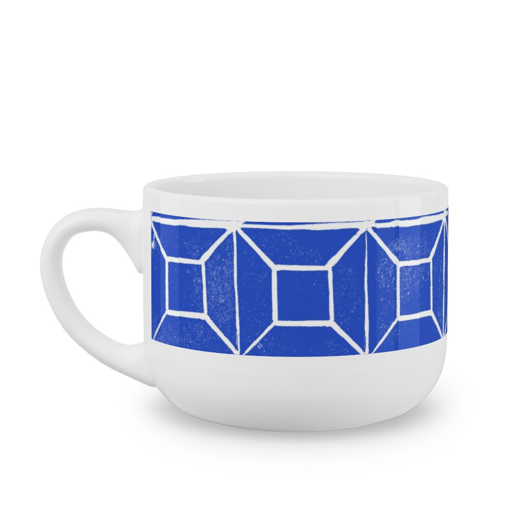 Geometric Lino - Cobalt Latte Mug, White,  , 25oz, Blue