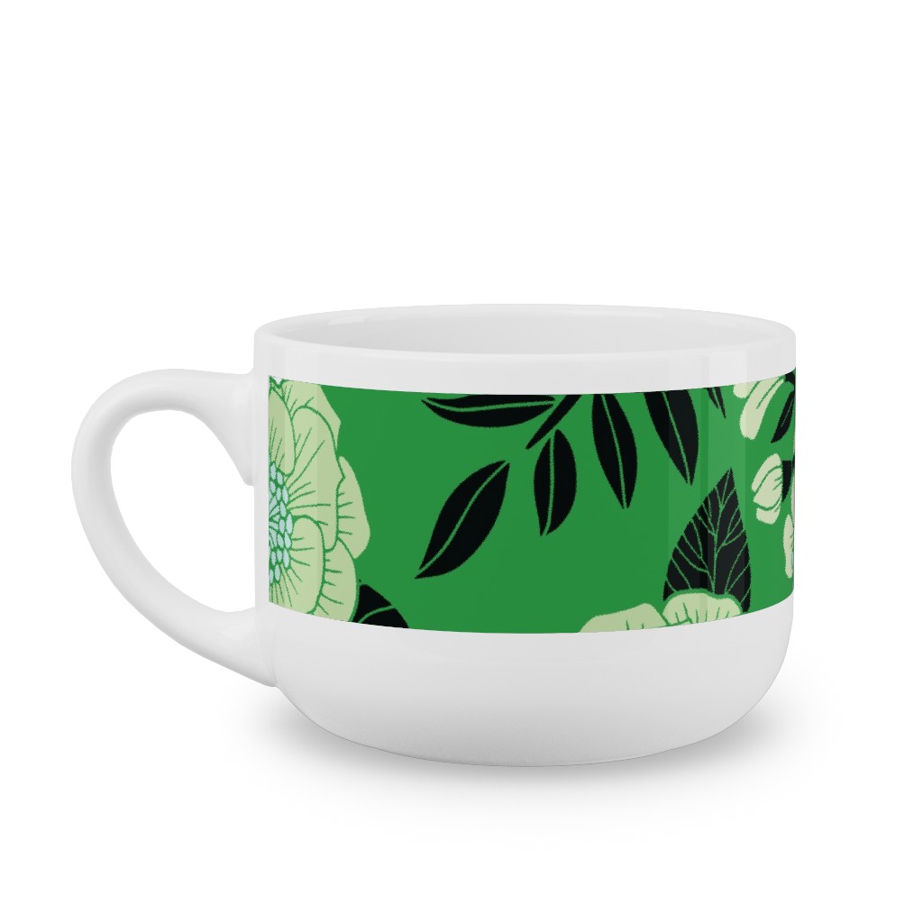 Green, Black & White Floral Pattern Latte Mug, White,  , 25oz, Green
