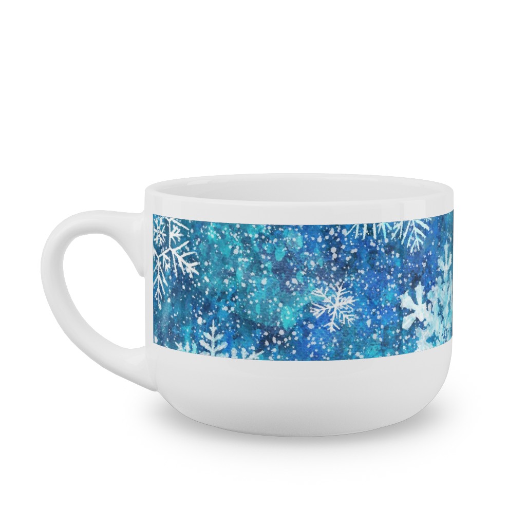 Whinsical Snowflakes Handpainted With Watercolors - Blue Latte Mug, White, , 25oz, Blue, True Blue