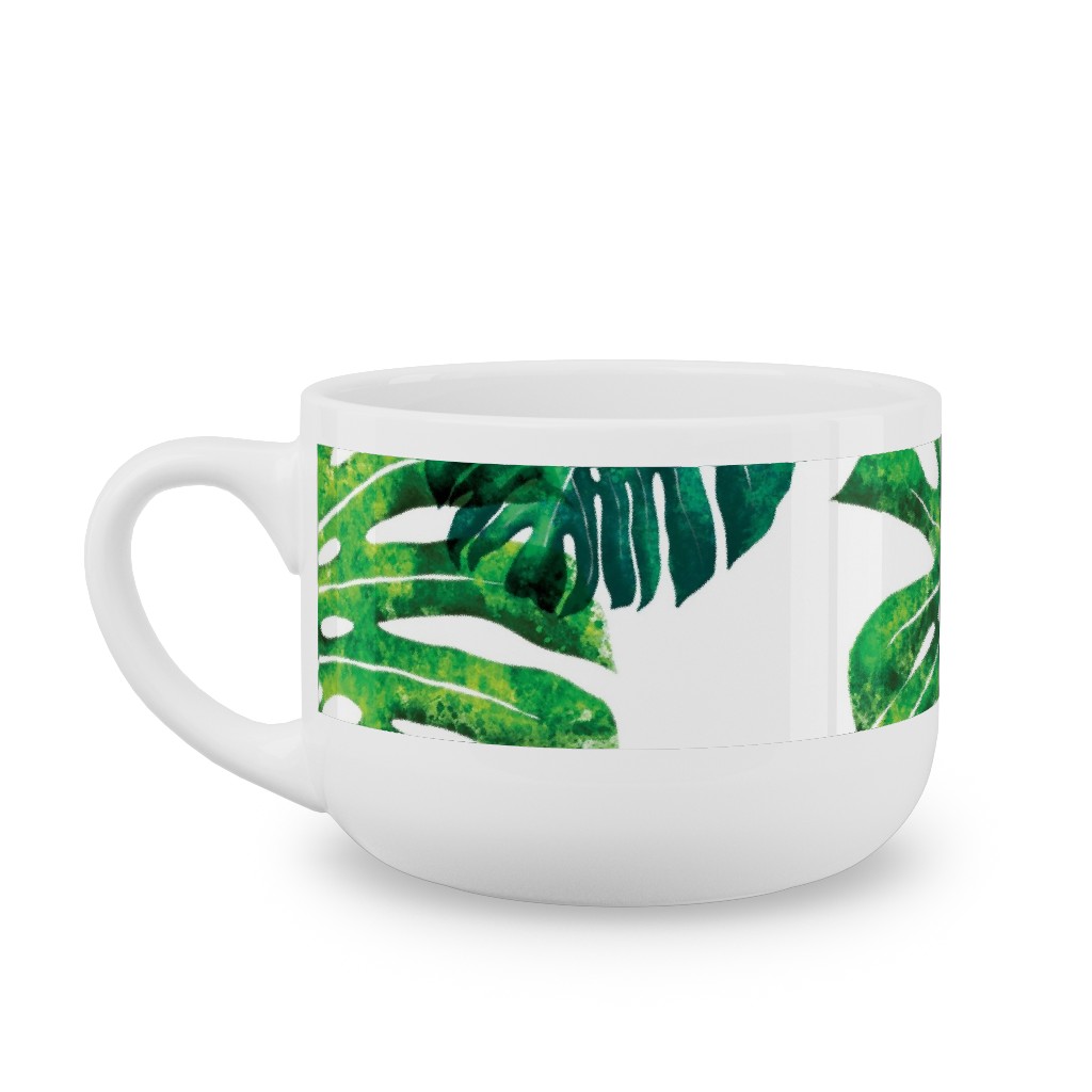 Monstera Leaves - Green on White Latte Mug, White,  , 25oz, Green