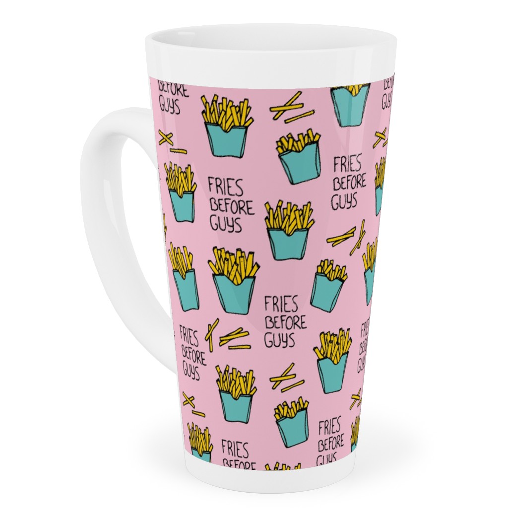 Fries Before Guys - Pop Art Food - Yellow Mint Pink Tall Latte Mug, 17oz, Pink