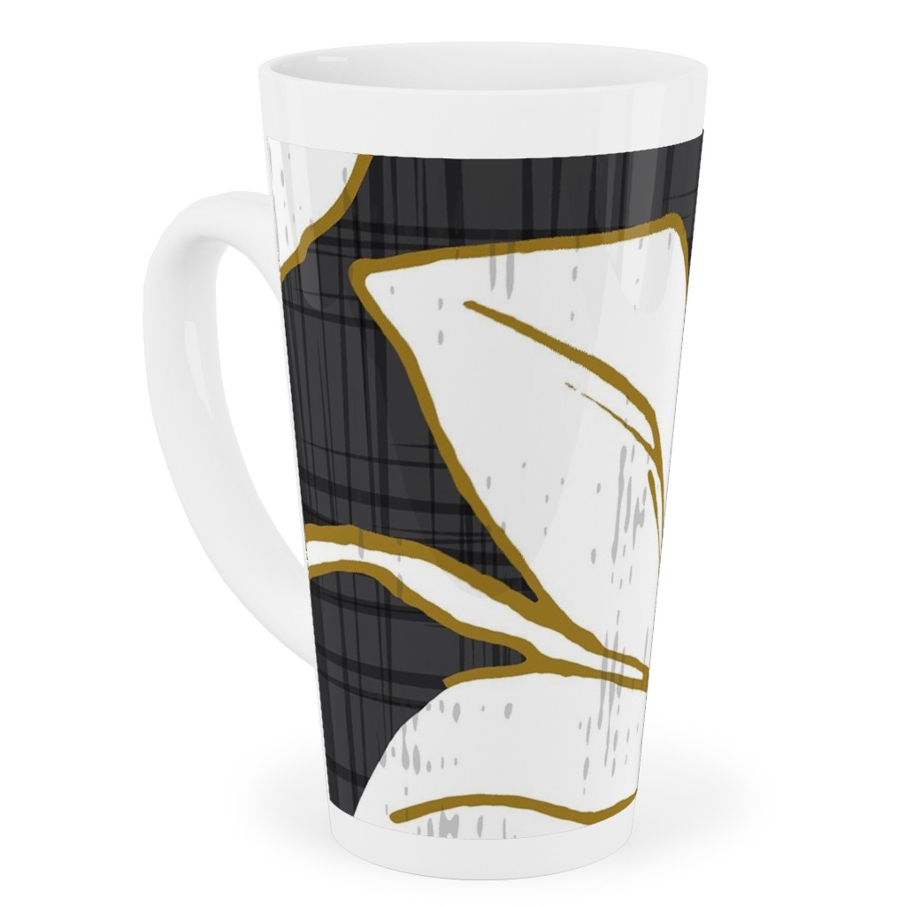 Lilium - Floral - Charcoal Black & White Tall Latte Mug, 17oz, Black, Black