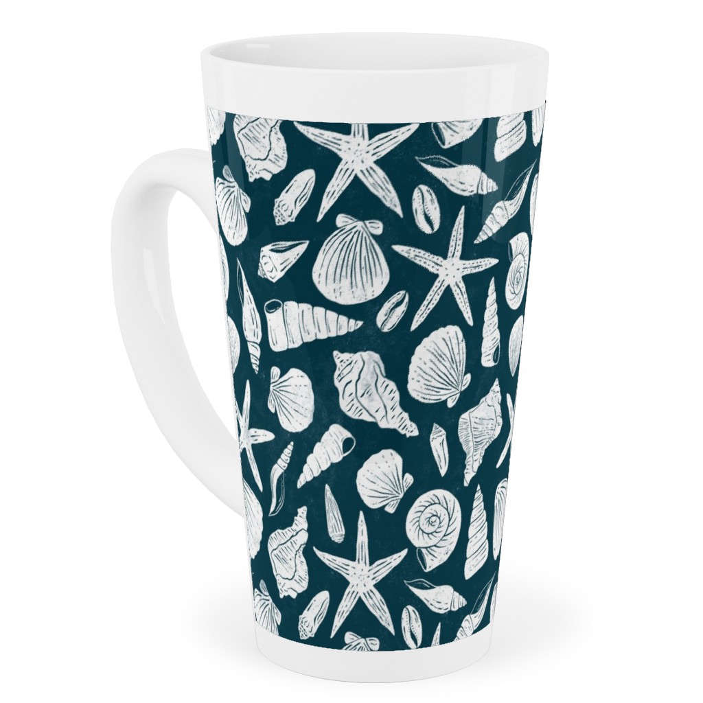 Textured Ocean Seashells - Dark Blue and Cream Tall Latte Mug, 17oz, Blue