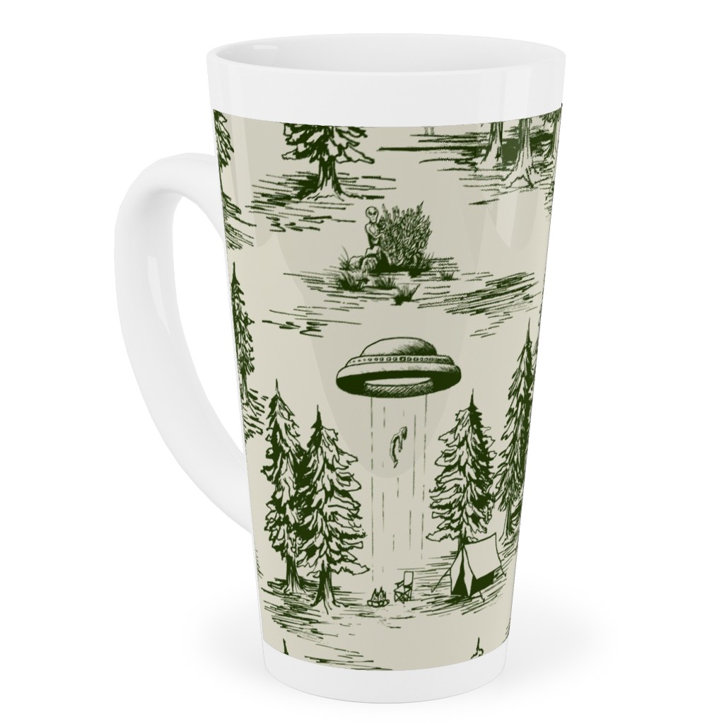 Alien Abduction Toile De Jouy - Forest Green & Cream Tall Latte Mug, 17oz, Green