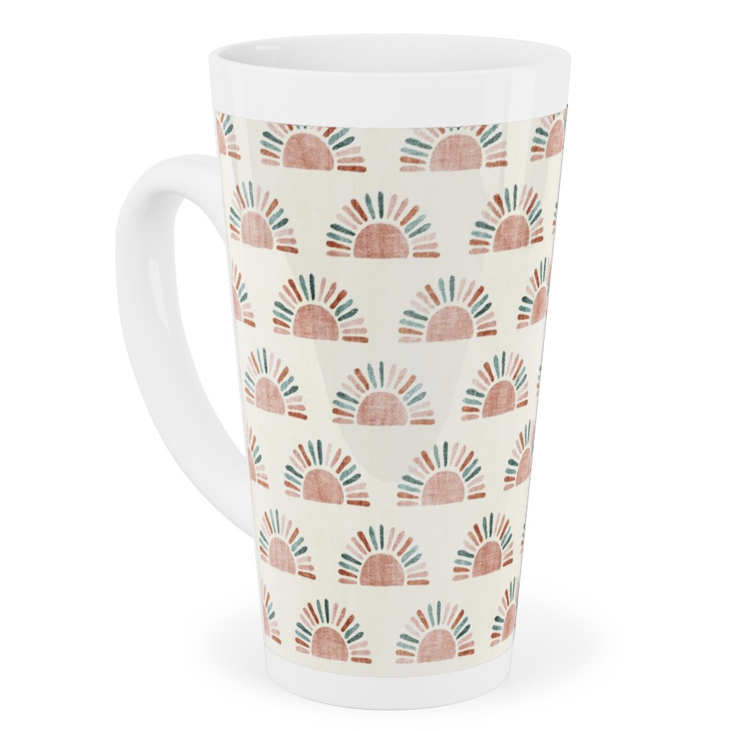 Sunshine - Block Print Boho Sun Print - Dusty Pink/Blue/Teracotta Tall Latte Mug, 17oz, Pink, Bright Pink