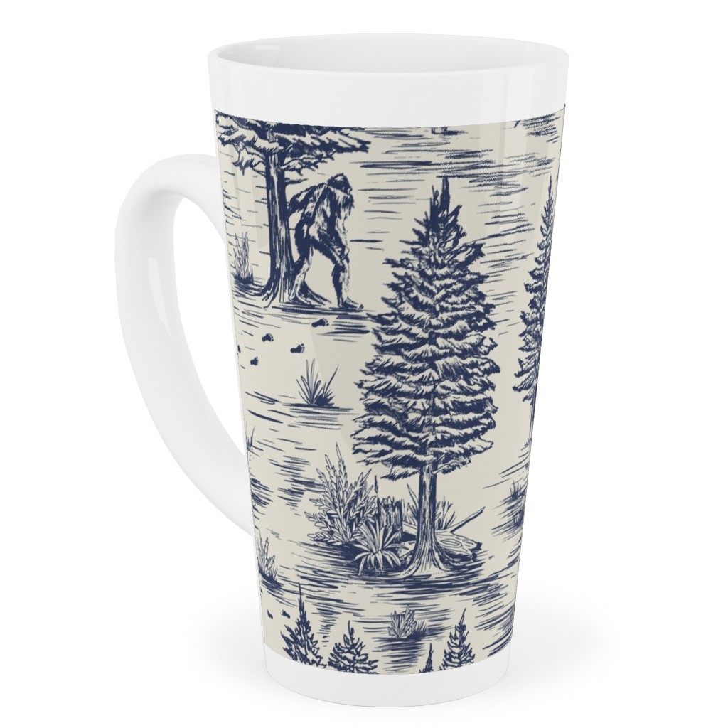 Bigfoot / Sasquatch Toile De Jouy - Blue Tall Latte Mug, 17oz, Blue