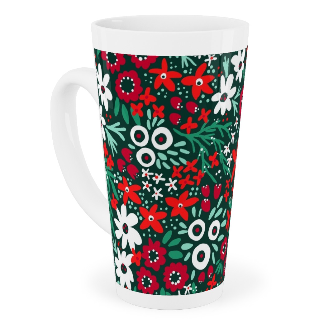 Rustic Floral - Holiday Red and Green Tall Latte Mug, 17oz, Green
