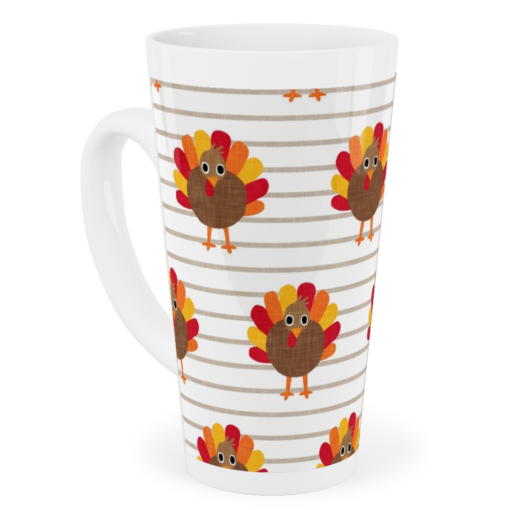 Cute Thanksgiving Turkey - on Khaki Stripes Tall Latte Mug, 17oz, Orange