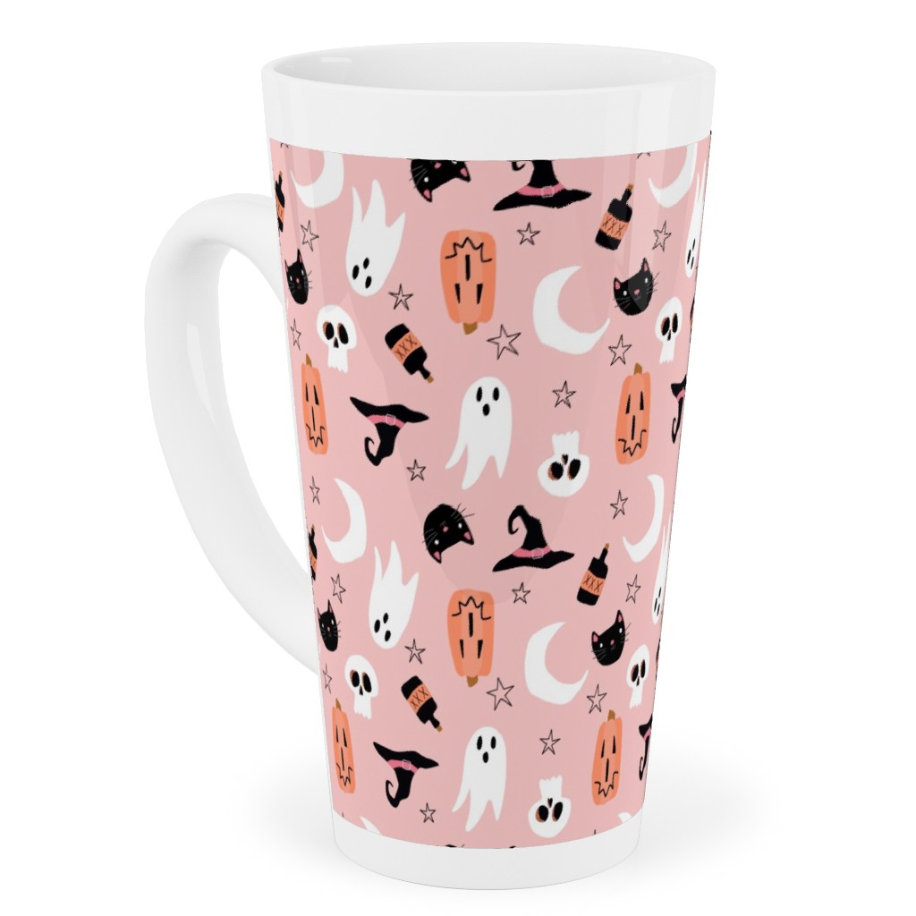Sweet Halloween - Pumpkin, Witch, Ghost, & Cat - Pink Tall Latte Mug, 17oz, Pink
