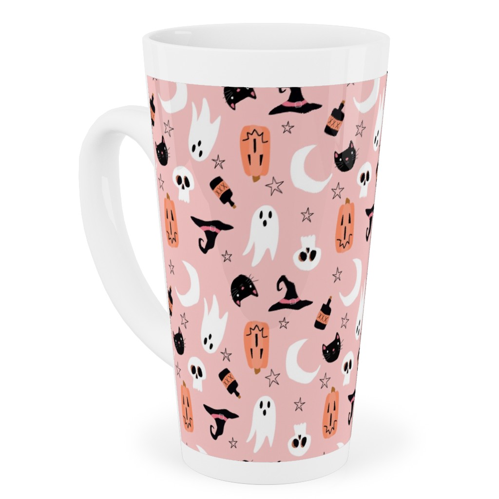 Sweet Halloween - Pumpkin, Witch, Ghost, & Cat - Pink Tall Latte Mug, 17oz, Pink