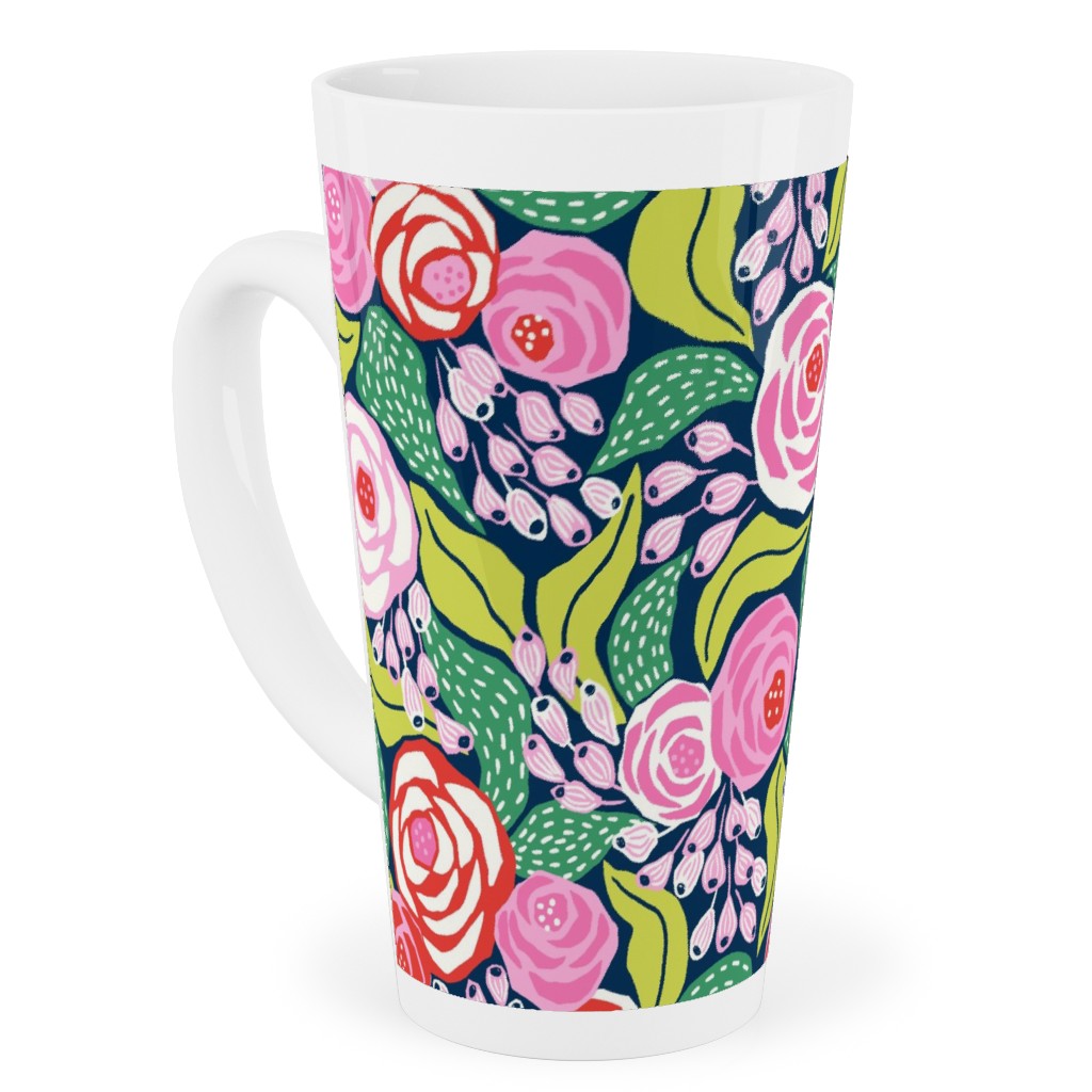 Colourful Papercut Roses - Pink on Dark Blue Tall Latte Mug, 17oz, Pink