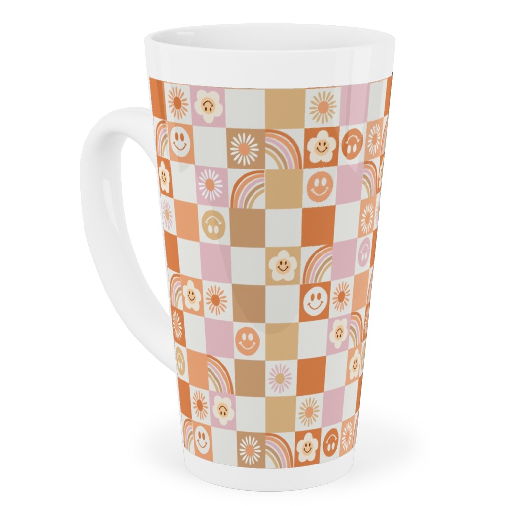 Retro Checkerboard - Daisy, Smile, Happy - Pink Orange Tall Latte Mug, 17oz, Orange