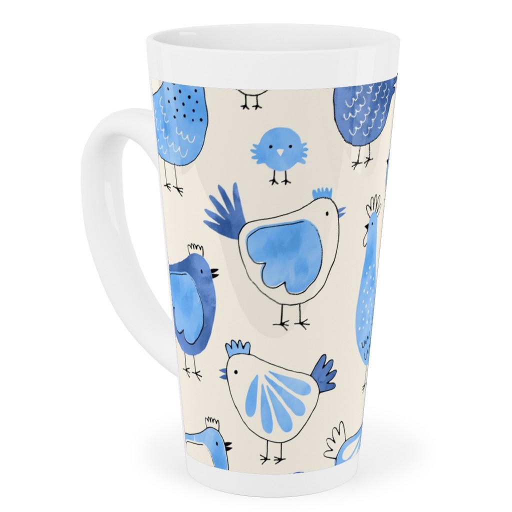 Chicken and Rooster - Watercolor - Blue on Creme Tall Latte Mug, 17oz, Blue, True Blue
