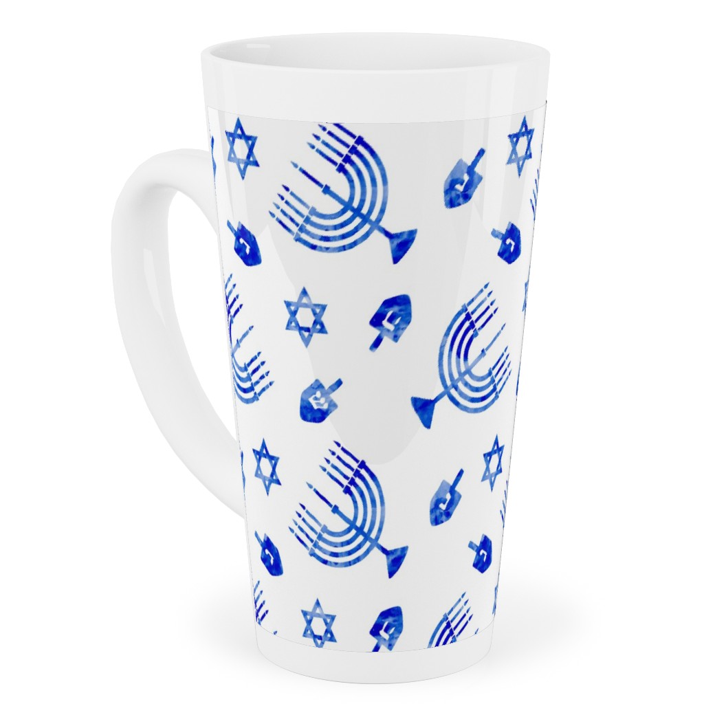Hanukkah Watercolor Menorah, Dreidel, Star of David - Blue Tall Latte Mug, 17oz, Blue