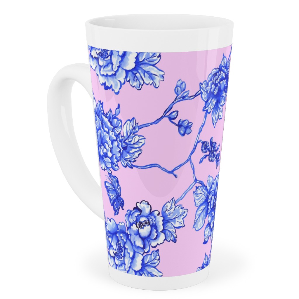 Chinoiserie Floral - Blush Tall Latte Mug, 17oz, Pink, Bright Pink