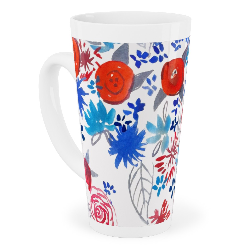 Patriotic Watercolor Floral - Red White and Blue Tall Latte Mug, 17oz, Multicolor