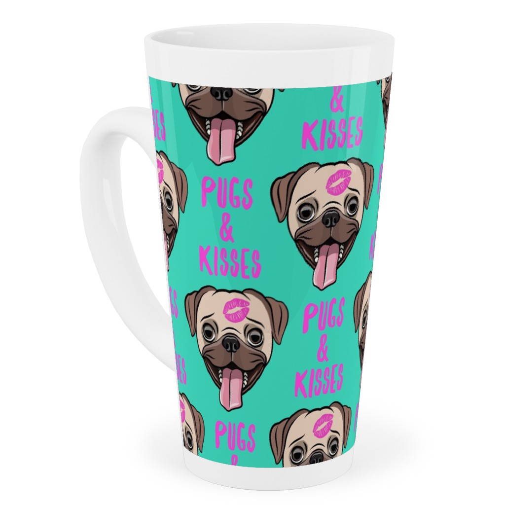 Pugs & Kisses - Cute Pug Dog - Teal Tall Latte Mug, 17oz, Green
