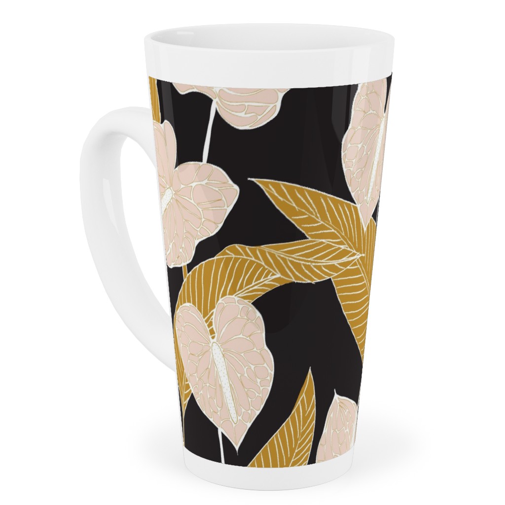 Art Nouveau Anthuriums - Black Mustard and Pale Peach Tall Latte Mug, 17oz, Multicolor
