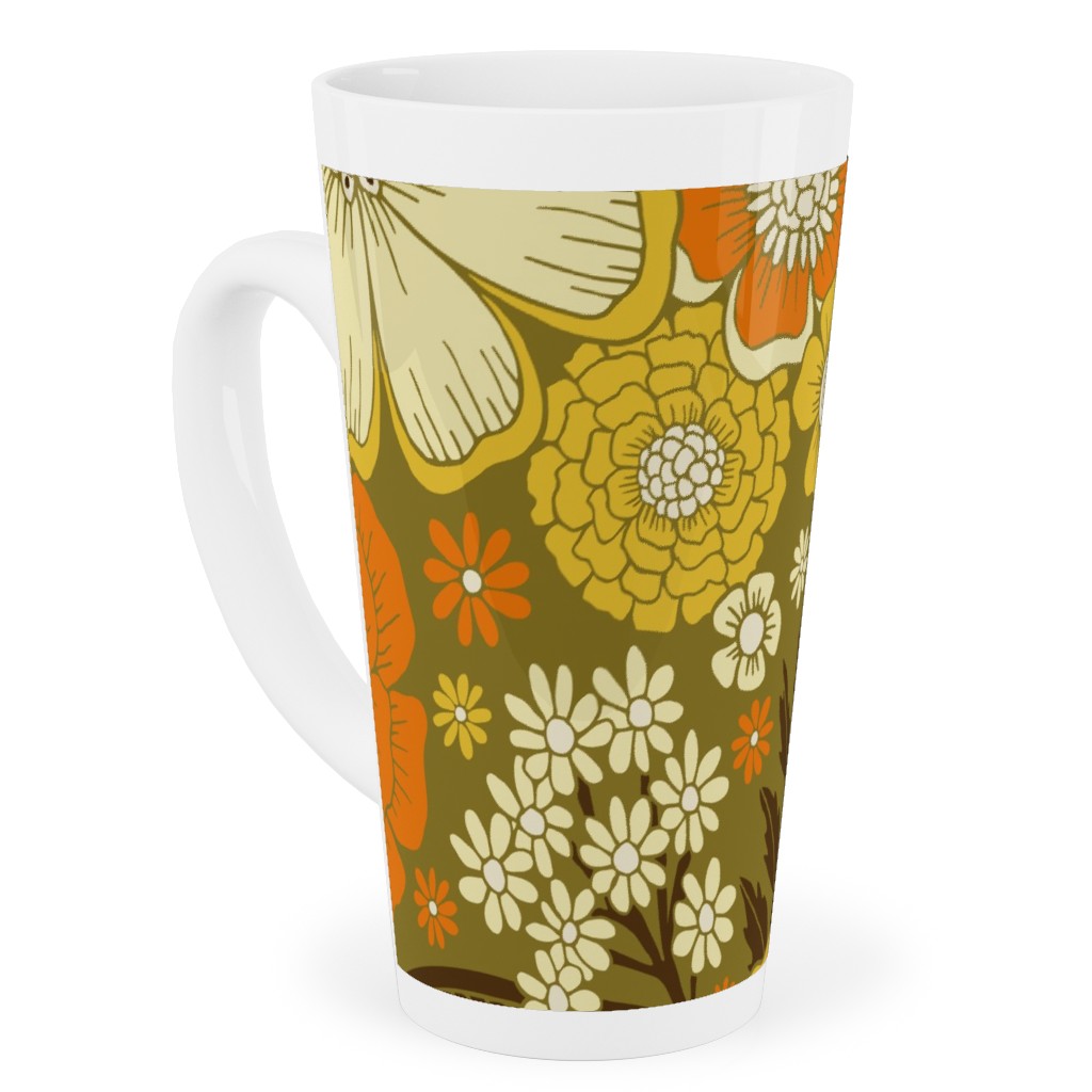 1970s Retro/Vintage Floral - Yellow and Brown Tall Latte Mug, 17oz, Yellow