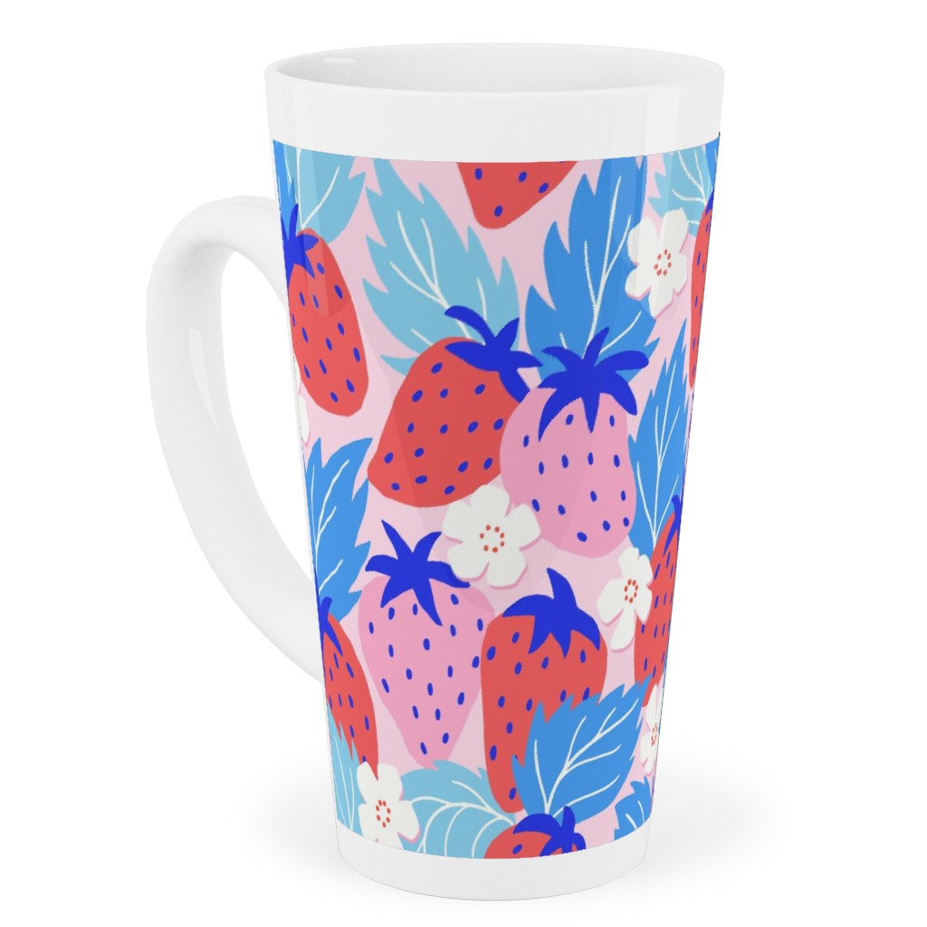 Papercut Strawberries - Blue and Pink Tall Latte Mug, 17oz, Multicolor