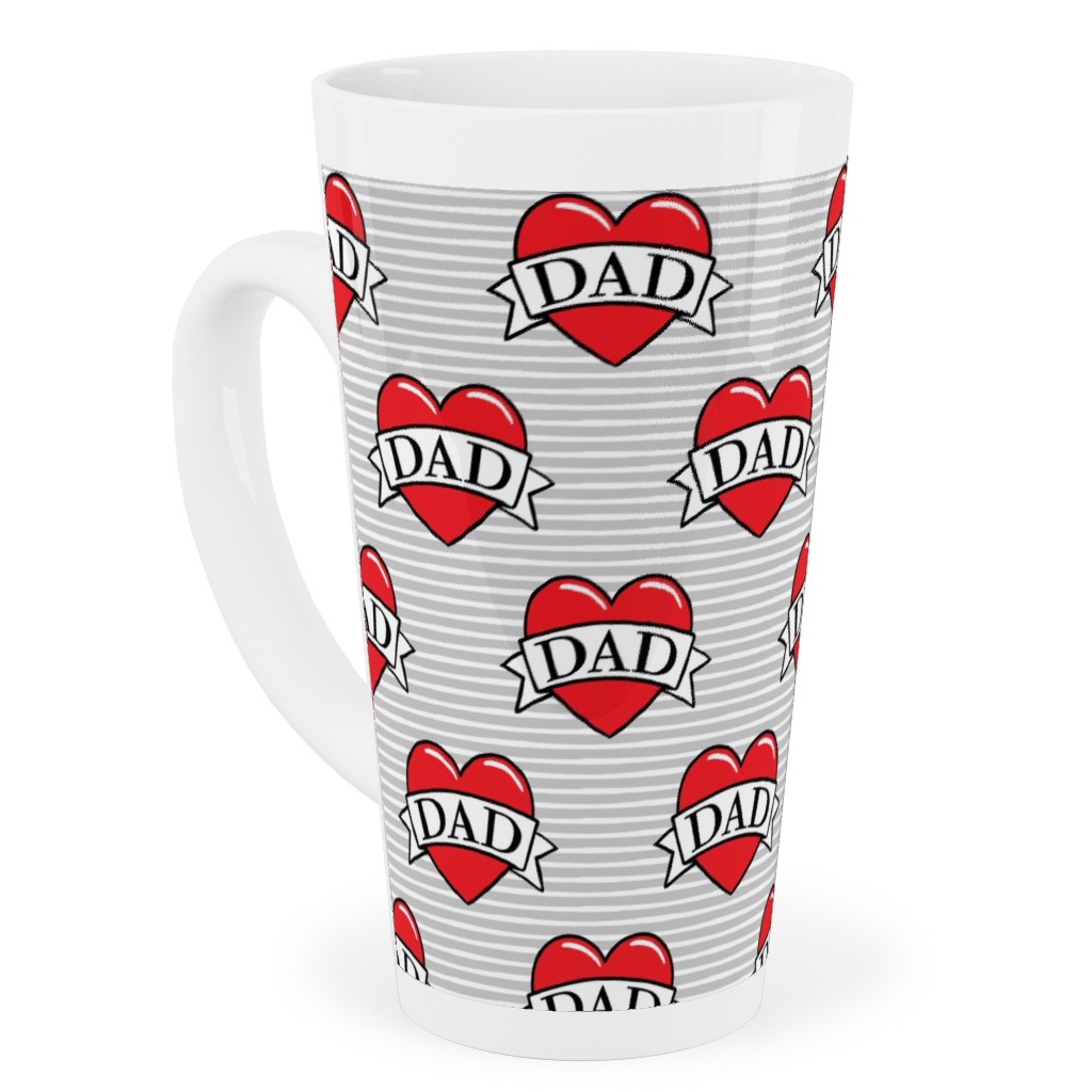 Dad Heart Tattoo - Red on Grey Stripes Tall Latte Mug, 17oz, Red