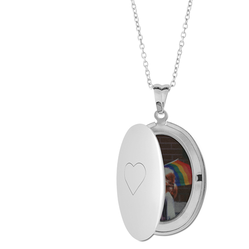 Heart Frame Locket Necklace, Silver, Oval, Engraved Front, Gray