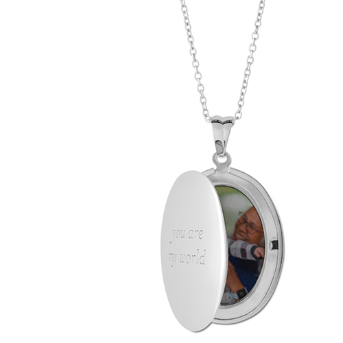 My World Locket Necklace, Silver, Oval, Engraved Front, Gray