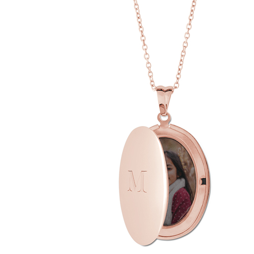 Center Initial Locket Necklace, Rose Gold, Oval, Engraved Front, Gray