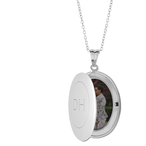 Outline Border Locket Necklace, Silver, Oval, Engraved Front, Gray