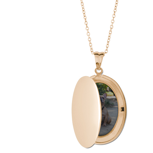 Photo Gallery Locket Necklace, Gold, Oval, Engraved Front, Gray