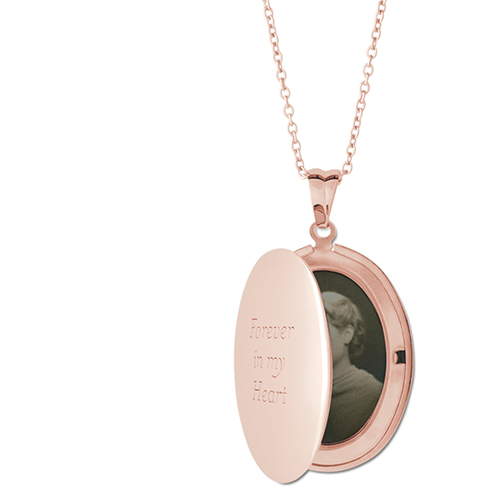 Remember Always Locket Necklace, Rose Gold, Oval, Engraved Front, Gray