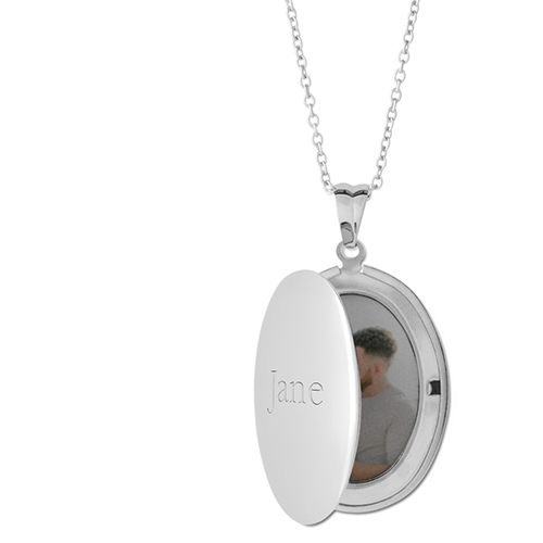 Statement Name Locket Necklace, Silver, Oval, Engraved Front, Gray