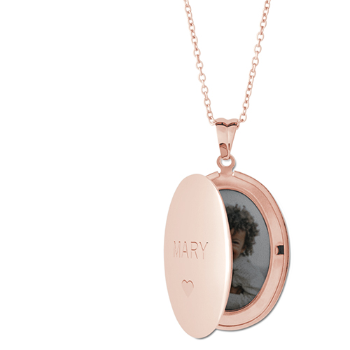 Whole Heart Locket Necklace, Rose Gold, Oval, Engraved Front, Gray