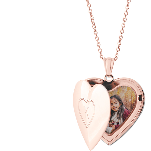 Double Outline Locket Necklace, Rose Gold, Heart, Engraved Front, Gray