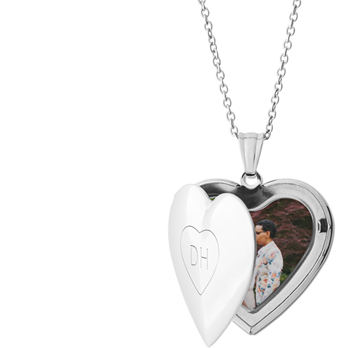 Outline Border Locket Necklace, Silver, Heart, Engraved Front, Gray