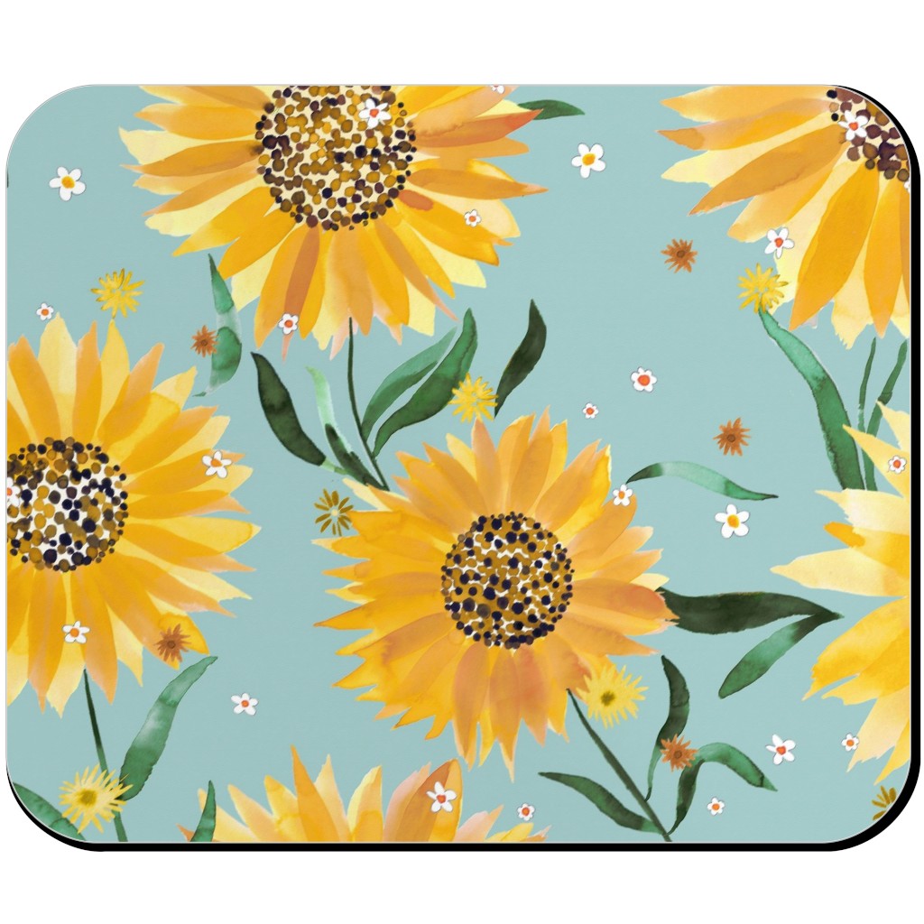 Watercolor Sunflowers - Yellow on Blue Mouse Pad, Rectangle, Yellow