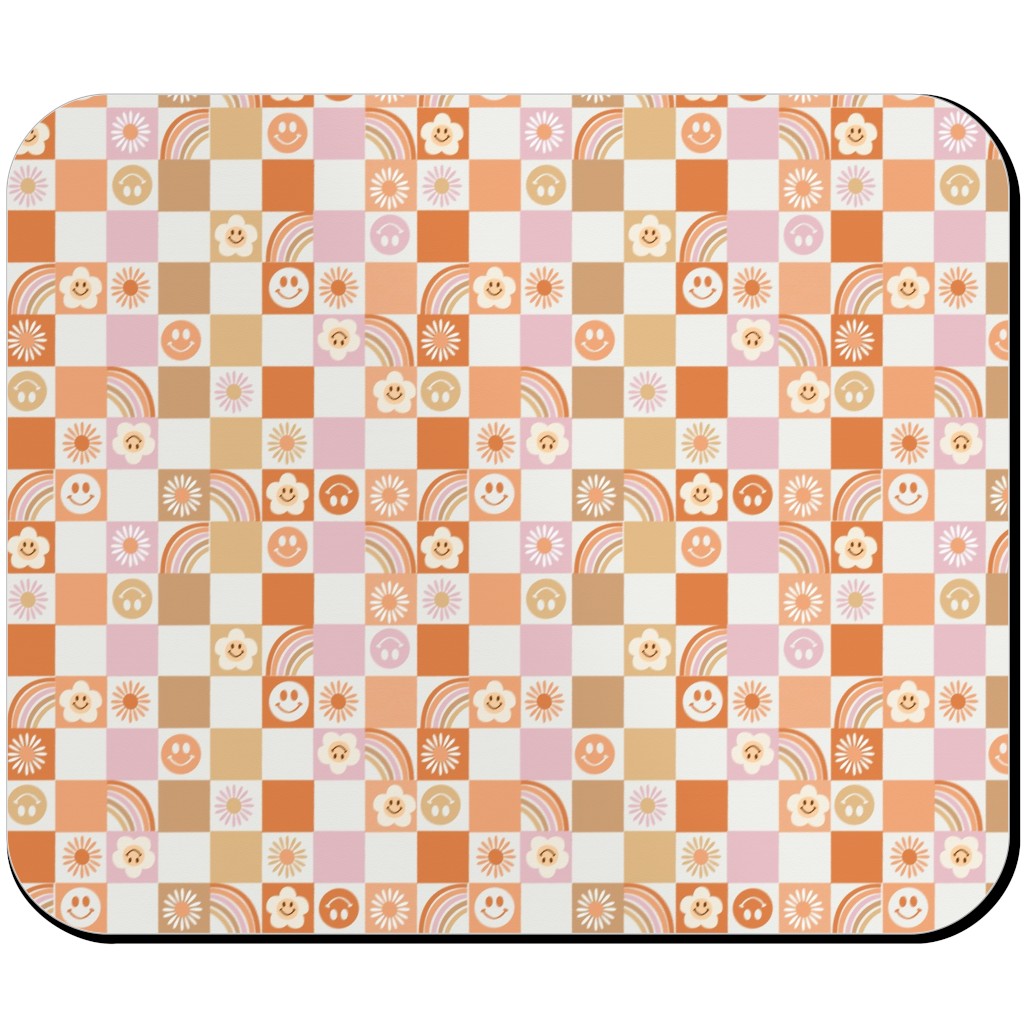 Retro Checkerboard - Daisy, Smile, Happy - Pink Orange Mouse Pad, Rectangle Ornament, Orange