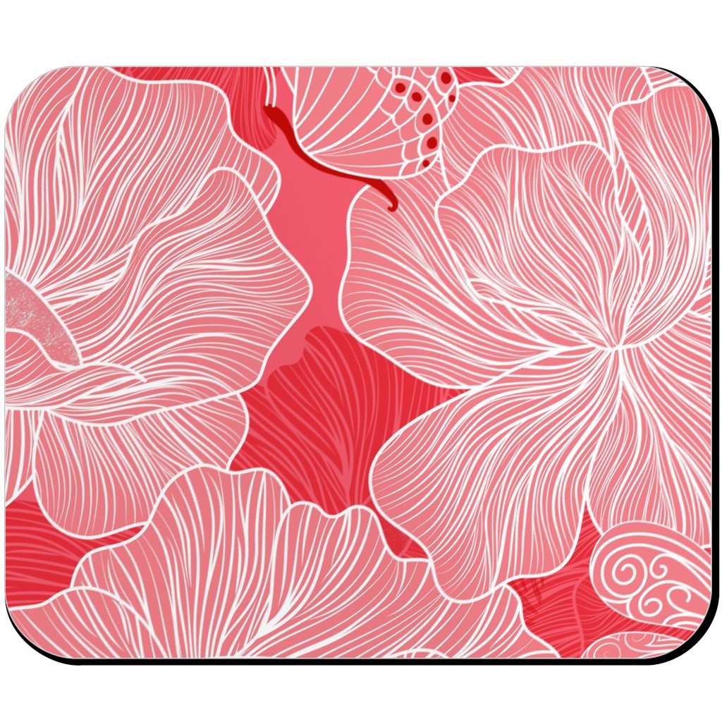 Floral & Butterflies on Scarlet Mouse Pad, Rectangle, Pink, Bright Pink
