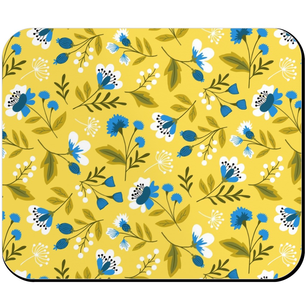 Colorful Spring Flowers - Blue on Yellow Mouse Pad, Rectangle Ornament, Yellow