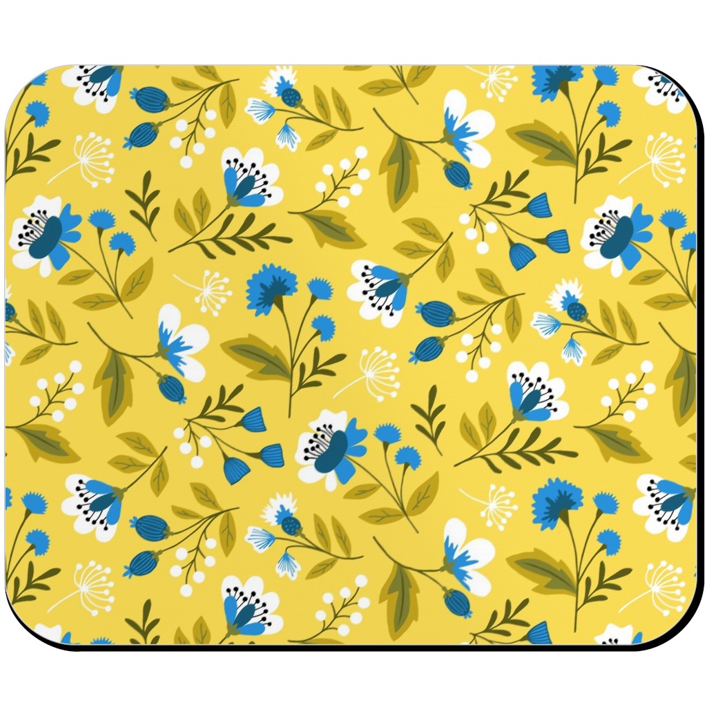 Colorful Spring Flowers - Blue on Yellow Mouse Pad, Rectangle, Yellow