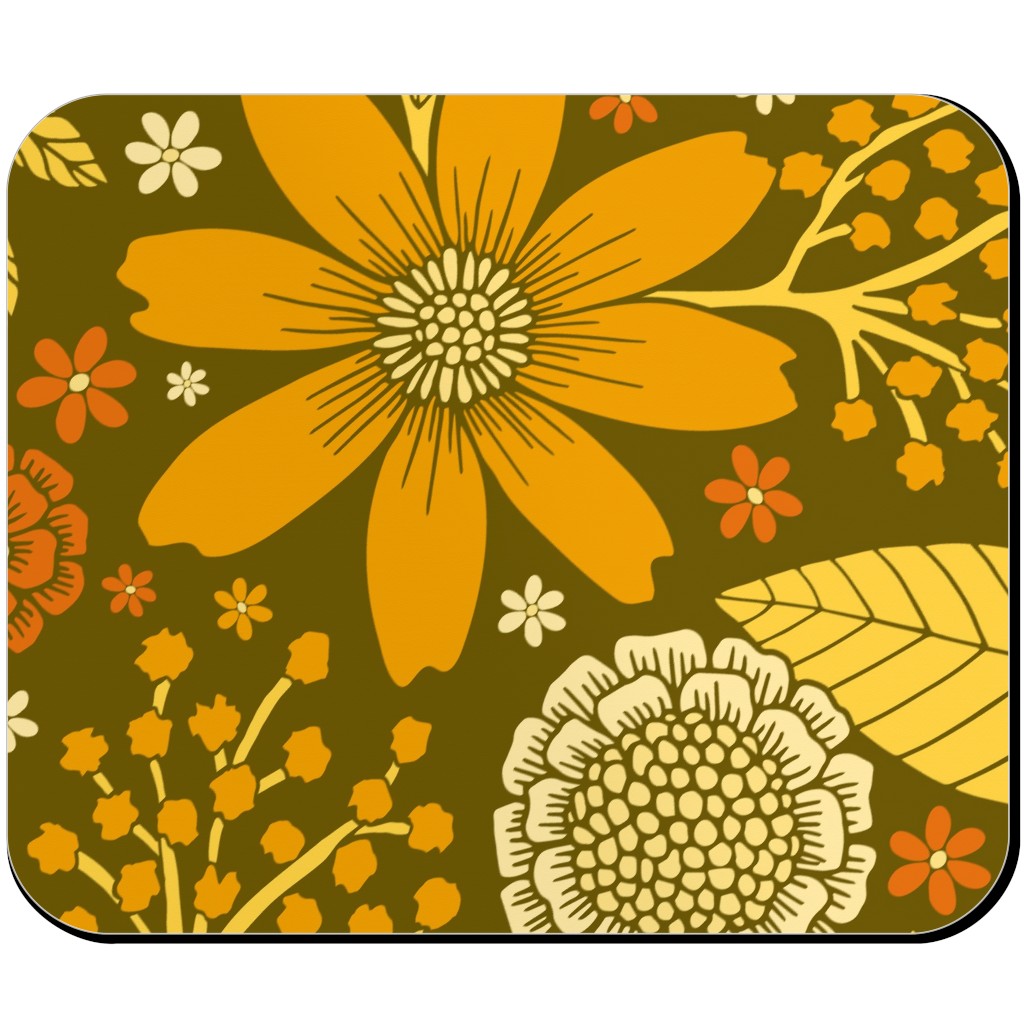 1970s Retro Flowers - Yellow, Orange & Olive Green Mouse Pad, Rectangle, Orange, Orange