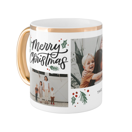 Merry Christmas Evergreen Mug, Gold Handle,  , 11oz, White