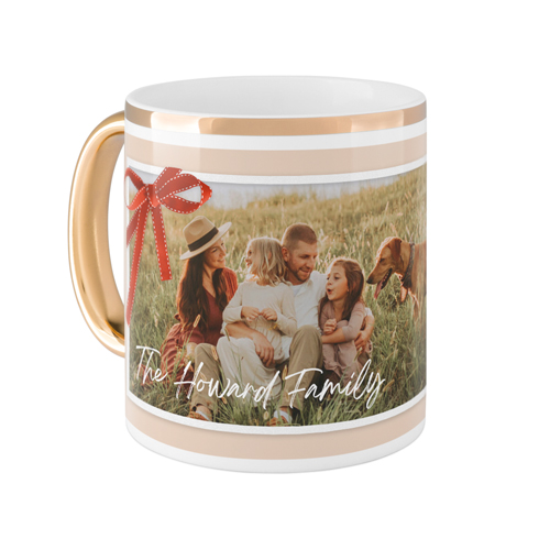 Holiday Bow Mug, Gold Handle, , 11oz, Beige, sand
