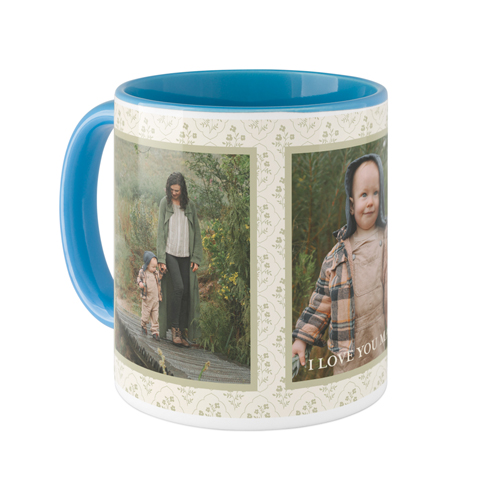 Floral Block Print Mug, Light Blue, , 11oz, Beige, antique white